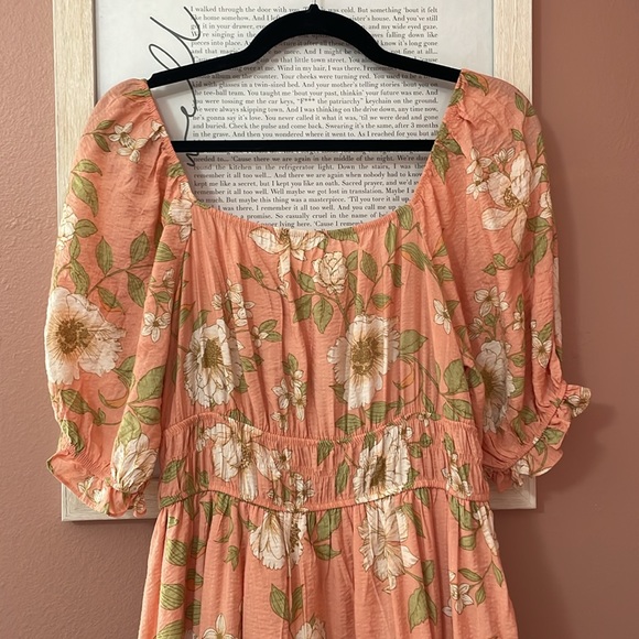 Blu Pepper Peach Coral Floral Square Neck Puff Sleeve Cottagecore Midi Dress - Picture 6 of 9